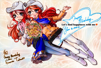 Rule 34 | 2girls, belt, blue eyes, blue scarf, blue skirt, blush, boots, character name, cowboy hat, gemini sunrise, geminin sunrise, happy birthday, hat, holding, holding hands, jacket, kannah, multiple belts, multiple girls, open mouth, orange jacket, pants, pink scarf, ponytail, red hair, sakura taisen, sakura taisen v, scarf, shirt, siblings, sidelocks, sisters, skirt, smile, white boots, white hat, white pants, white shirt
