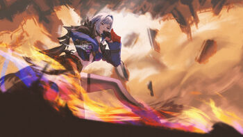 1girl absurdres aiming aiming_at_viewer black_gloves black_jacket black_shorts black_thighhighs black_wings blue_bra bra commentary feathered_wings galbrena_(wuthering_waves) gloves grey_hair gun hand_up highres holding holding_gun holding_weapon jacket medium_hair purple_eyes roseidon shorts sidelocks single_wing solo symbol-only_commentary thigh_strap thighhighs underwear weapon wings wiping_mouth wuthering_waves