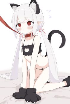1girl absurdres animal_ears animal_hands bdsm blush cat_ear_panties cat_ears cat_girl cat_lingerie cat_paws cat_tail character_request check_character check_copyright collar copyright_request highres leash loli long_hair panties pet_play pointy_ears red_collar red_eyes slave solo tail underwear user_yths2234 white_hair