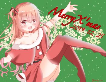 Rule 34 | 1girl, 2019, :d, \||/, alternate costume, bare shoulders, belt, black belt, blush, bow, christmas, collarbone, commentary, dated, dress, eyelashes, eyes visible through hair, full body, fur-trimmed dress, fur trim, green background, hair between eyes, hair bow, hair spread out, happy, highres, inaba meguru, knees together feet apart, knees up, long hair, looking at viewer, merry christmas, no shoes, off-shoulder dress, off shoulder, one side up, open mouth, orange hair, outstretched arms, pom pom (clothes), red bow, red dress, red eyes, red thighhighs, sanoba witch, santa costume, santa dress, servamp kuro, short dress, sidelocks, simple background, sitting, smile, snowflakes, solo, thighhighs, thighs, twitter username, very long hair, zettai ryouiki