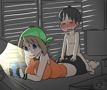 1boy 1girl ass bandana bare_arms bare_shoulders barefoot bike_shorts black_hair blush breast_press breast_rest breasts brown_hair buttjob buttjob_over_clothes closed_eyes clothed_female_nude_male collared_shirt darkness ekz_(robotekz) embarrassed feet game_boy game_boy_color gloves green_bandana handheld_game_console hetero huge_ass huge_breasts indoors lamp looking_at_viewer lying may_(pokemon) may_(pokemon_emerald) midriff multicolored_gloves nintendo nude on_stomach open_mouth orange_shirt penis playing_games pokemon pokemon_rse rubbing shirt short_hair shota shy sleeveless sleeveless_shirt uncensored