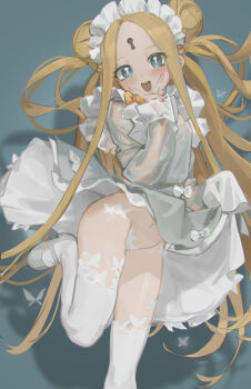1girl abigail_williams_(fate) absurdres blonde_hair blue_eyes bow bug butterfly clothes_lift double_bun dress dress_lift fate/grand_order fate_(series) flat_chest foot_out_of_frame hair_bun highres insect keyhole leg_up lifting_own_clothes long_hair looking_at_viewer maid_headdress mary_janes nemo_(leafnight) nipples open_mouth panties parted_bangs revision see-through_clothes see-through_sleeves shadow shoes simple_background smile solo thighhighs underwear very_long_hair white_bow white_panties white_shoes white_thighhighs