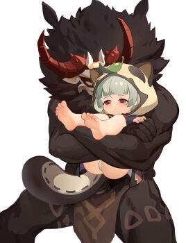 1boy 1girl absurdres animal_ears animal_hood barefoot blunt_bangs carrying carrying_person fake_animal_ears feet folded genshin_impact gloves hetero highres hood japanese_clothes leaf leaf_on_head loli mitachurl_(genshin_impact) panties raccoon_ears raccoon_tail restrained sayu_(genshin_impact) shio_(shiofeifei) short_hair simple_background soles tail toes underwear white_background white_panties