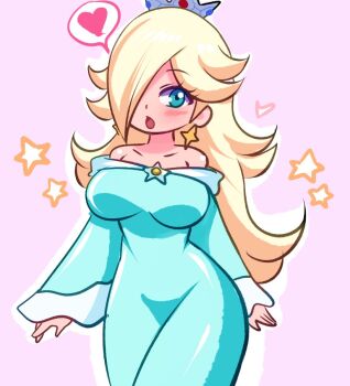 1girl araceri blonde_hair blue_dress blue_eyes blush breasts brooch collarbone crown dress earrings hair_over_one_eye heart jewelry large_breasts long_hair long_sleeves looking_at_viewer mario_(series) nintendo off-shoulder_dress off_shoulder open_mouth pink_background princess rosalina speech_bubble spoken_heart standing star_(symbol) star_brooch star_earrings star_symbol_background super_mario_galaxy wide_sleeves