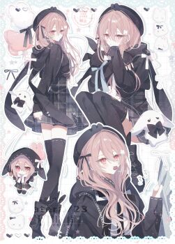 1girl absurdres black_boots black_bow black_hat black_hoodie black_thighhighs blue_bow boots bow brown_hair chibi clothes_pull commentary_request hair_between_eyes hat highres hood hoodie long_hair looking_at_viewer motion_lines mouth_hold original pink_eyes plaid_clothes plaid_skirt skirt sleeves_past_fingers sleeves_past_wrists squatting standing thighhighs yakinikusakoku