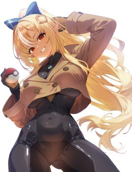 1girl absurdres alternate_costume black_bodysuit black_gloves blonde_hair bodysuit breasts brown_jacket cleavage closed_mouth commentary_request cosplay covered_navel cropped_jacket curio_(curiofinity) dark-skinned_female dark_elf dark_skin elf emma_(pokemon) emma_(pokemon)_(cosplay) gloves hair_ornament hairpin highres holding holding_poke_ball hololive jacket large_breasts long_hair looking_at_viewer multicolored_hair navel nintendo pointy_ears poke_ball pokemon pokemon_(creature) pokemon_legends:_z-a ponytail red_eyes shiranui_flare simple_background solo streaked_hair transparent_background very_long_hair virtual_youtuber white_hair