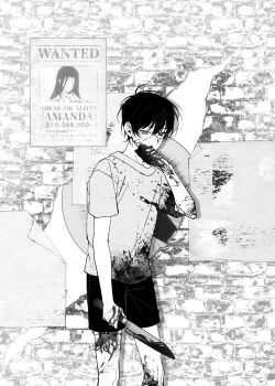 1boy blood blood_on_hands blood_splatter bloody_knife brick_wall greyscale hair_between_eyes hashtag-only_commentary highres holding holding_knife kim_dokja knife looking_at_viewer male_focus monochrome oldest_dream omniscient_reader&#039;s_viewpoint poster_(object) shirt short_hair shorts t-shirt twle wanted_poster wiping_face