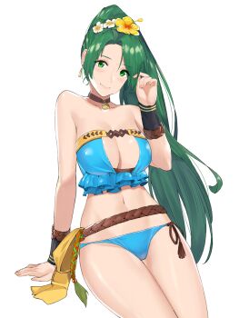 1girl bare_shoulders bikini blue_bikini breasts brown_choker center_opening choker earrings female_focus fire_emblem fire_emblem:_the_blazing_blade fire_emblem_heroes flower green_eyes green_hair hair_flower hair_ornament highres invisible_chair j@ck jewelry large_breasts long_hair looking_at_viewer lyn_(fire_emblem) lyn_(lady_of_the_beach)_(fire_emblem) navel nintendo official_alternate_costume ponytail rope sash shimenawa simple_background sitting smile solo strapless strapless_bikini swimsuit very_long_hair white_background