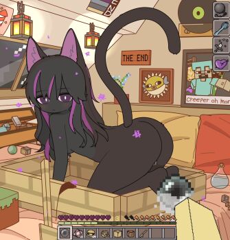animal_ears ass bare_shoulders barefoot black_hair cat_ears cat_girl cat_tail enderman highres long_hair long_tail looking_at_viewer looking_back mike_no_hito minecraft multicolored_hair nude purple_eyes purple_hair tail thighs two-tone_hair user_interface