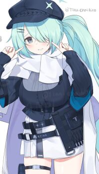 1girl aqua_eyes aqua_hair aqua_halo artist_name belt black_belt black_hat black_sweater blue_archive blush bullet candy_moon777 coat commentary_request cowboy_shot hair_ornament hair_over_one_eye hairclip halo hands_up hat hiyori_(blue_archive) long_hair long_sleeves newsboy_cap pointing pointing_at_self scarf side_ponytail skirt smile solo sweater thigh_strap white_coat white_scarf white_skirt