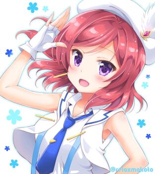 1girl :d beret blue_necktie blush commentary feathers female_focus fingerless_gloves floral_background gloves hat hat_feather light_blush looking_at_viewer love_live! love_live!_school_idol_project medium_hair necktie nishikino_maki open_mouth purple_eyes red_hair sakurai_makoto_(custom_size) salute shirt sleeveless sleeveless_shirt smile solo suspenders tie_clip twitter_username upper_body vest white_feathers white_gloves white_hat white_shirt white_vest wonderful_rush