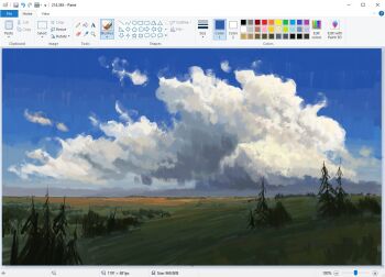 art_program_in_frame christian_young cloud cloudy_sky commentary day forest hill horizon landscape microsoft_paint_(medium) microsoft_paint_(software) nature no_humans original outdoors painterly pine_tree scenery screencap sky sky_focus tree