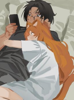 1boy 1girl alternate_eye_color bed brown_eyes brown_hair cat_tail commentary cowboy_shot english_commentary green_eyes heathcliff_(project_moon) highres hug ishmael_(project_moon) limbus_company long_hair on_bed orange_hair pillow project_moon shirt short_sleeves tail very_long_hair white_shirt yongsadragon