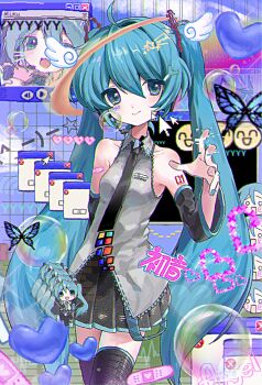 1girl aqua_eyes aqua_hair bandaid bare_shoulders black_necktie black_skirt black_thighhighs blue_butterfly bubble bug butterfly closed_mouth commentary cowboy_shot cursor detached_sleeves emoji emoticon english_commentary error_message glitch grey_shirt halo hand_up hatsune_miku head_wings heart highres insect internet_explorer kaomoji kusigoma924 long_hair long_sleeves microsoft_windows mini_wings miniskirt necktie pleated_skirt shirt skirt smile solo standing thighhighs twintails very_long_hair vocaloid window_(computing) wings zettai_ryouiki