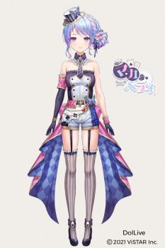 1girl asymmetrical_gloves bare_shoulders black_gloves black_shoes blue_eyes blue_hair character_request check_character commentary diagonal-striped_background dice_hair_ornament dollive elbow_gloves english_commentary full_body gloves grey_background hair_bun hair_ornament hat highres lunacle maca_petty mini_hat multicolored_hair pink_hair shoes short_shorts shorts simple_background single_elbow_glove single_side_bun solo standing streaked_hair striped_background striped_clothes striped_thighhighs thighhighs tilted_headwear vertical-striped_clothes vertical-striped_thighhighs virtual_youtuber white_hat white_shorts