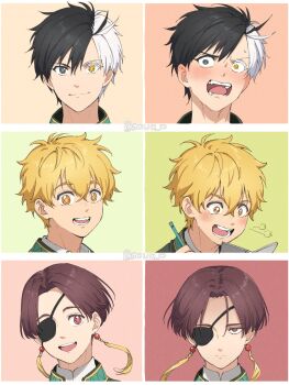 3boys black_hair blonde_hair blush brown_hair chinese_clothes earrings eyepatch heterochromia highres jewelry male_focus multicolored_hair multiple_boys nirei_akihiko note open_mouth red_eyes sakura_haruka_(wind_breaker) school_uniform shirt short_hair smile soul_(tamashii) split-color_hair suo_hayato tassel tassel_earrings teeth white_hair white_shirt wind_breaker_(nii_satoru)