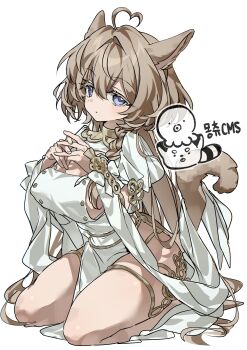 1girl absurdres animal_ears antenna_hair blue_eyes blush brown_hair chu_yeon heart_antenna_hair highres looking_at_viewer mole mole_under_mouth original short_hair simple_background sitting solo tail thighs white_background