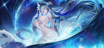 1girl aokumo_rin bikini blue_eyes blue_flower blue_hair blue_rose blush breasts cloud_hair_ornament coat colored_eyelashes comet commentary_request floating_hair flower from_side gloves grey_hair hair_rings hat highleg highleg_bikini highres korean_commentary kurimi_(aokumo_rin) large_breasts long_hair long_sleeves looking_at_viewer military_hat multicolored_hair ness_(pjw0168) night ocean off_shoulder open_clothes open_coat open_mouth outdoors peaked_cap rose salute side-tie_bikini_bottom single_hair_ring smile solo stellive streaked_hair swimsuit thick_eyelashes thighhighs two-tone_hair very_long_hair virtual_youtuber water water_drop waves wet white_bikini white_coat white_gloves white_hat white_thighhighs