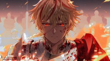 Rule 34 | 1boy, armor, blonde hair, blood, blood on armor, blood on face, braid, breastplate, cape, closed mouth, commentary request, fate/strange fake, fate (series), fire, male focus, multicolored hair, pauldrons, people, red cape, red eyes, red hair, richard i (fate), rimuro, serious, shoulder armor, side cape, single braid, single pauldron, solo focus, straight-on, streaked hair, twitter username, upper body, watermark