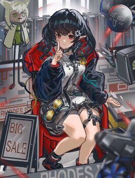 1girl absurdres anger_vein arknights black_hair black_shoes blush breasts chair closure_(arknights) commentary_request dress drone earpiece hand_up highres hood hood_down hooded_jacket huanyin index_finger_raised indoors jacket kal'tsit_(arknights) kal'tsit_(puppet)_(arknights) lambda_(arknights) long_sleeves medium_breasts medium_hair open_clothes open_jacket pointy_ears red_eyes shoes sign sitting smile solo white_dress