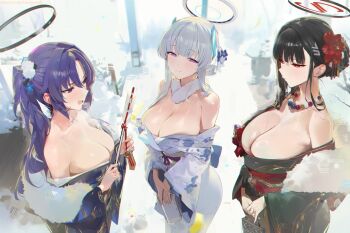 3girls alternate_costume bare_shoulders black_hair black_kimono blue_archive blue_eyes blue_hair blue_kimono blush breasts cleavage closed_mouth floral_print hair_ornament hairclip halo holding japanese_clothes kimono large_breasts long_hair long_sleeves looking_at_viewer misaka_12003-gou multiple_girls noa_(blue_archive) off_shoulder open_mouth purple_eyes red_eyes rio_(blue_archive) sidelocks smile white_hair white_kimono yuuka_(blue_archive)