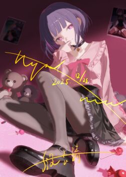 1girl amoris_(bang_dream!) bang_dream! bang_dream!_it's_mygo!!!!! black_choker black_pantyhose black_shoes black_skirt candy choker commentary_request food jirai_kei lollipop long_sleeves looking_at_viewer pantyhose photo_(object) pink_eyes pink_shirt purple_hair shirt shoes short_hair skirt solo stuffed_animal stuffed_toy teddy_bear yuutenji_nyamu zhangji318969