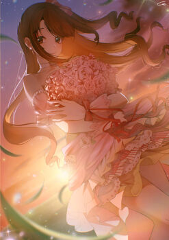 Rule 34 | 1girl, absurdres, arm garter, backlighting, bare legs, bouquet, brown hair, choker, dress, dutch angle, falling leaves, feet out of frame, floating hair, flower, gloves, highres, hugging object, idolmaster, idolmaster cinderella girls, idolmaster cinderella girls starlight stage, leaf, long hair, looking at viewer, one side up, outdoors, pink dress, pink flower, pink rose, rose, shimamura uzuki, shiro ikumo, signature, smile, solo, sunset, very long hair, white choker, white gloves