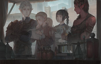 1boy 3girls armor artist_name astarion baldur's_gate baldur's_gate_3 belt black_gloves black_hair blonde_hair blunt_bangs book bottle braid braided_ponytail breastplate brown_vest building circlet city collarbone colored_skin commentary cowboy_shot crossed_arms curled_horns day demon_horns dungeons_&amp;_dragons elf english_commentary frilled_shirt_collar frills from_side gloves green_eyes hand_on_own_face holding holding_bottle holding_paper holding_scroll horns karlach konburice long_hair low_ponytail medium_hair multicolored_hair multiple_girls orange_eyes outdoors paper parted_lips pauldrons pointy_ears ponytail potion profile red_eyes red_hair red_skin scroll shadowheart_(baldur's_gate) shop short_hair shoulder_armor signature single_braid single_pauldron smile standing streaked_hair tav_(baldur's_gate) thinking tiefling two-tone_hair vest vial white_hair