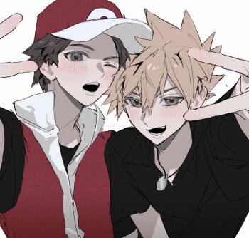 2boys :d black_shirt blue_oak blush brown_hair hand_up hat jewelry male_focus multiple_boys necklace nintendo one_eye_closed open_mouth pokemon pokemon_frlg red_(pokemon) red_hat red_vest sekaiitinoki shirt short_hair short_sleeves simple_background smile teeth upper_body upper_teeth_only v vest white_background
