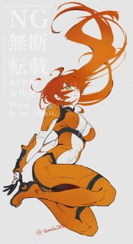 1girl artist_name belt black_belt black_gloves bodysuit breasts clothing_cutout collared_bodysuit command_spell commentary_request fate/grand_order fate_(series) floating_hair fujimaru_ritsuka_(female) fujimaru_ritsuka_(female)_(chaldea_combat_uniform) full_body glove_cutout gloves hanako_(onikutabetaiyo) large_breasts looking_at_viewer looking_down orange_hair solo thighs yellow_eyes