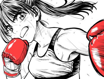 Rule 34 | 1girl, boxing, boxing gloves, breasts, commentary request, flying sweatdrops, gloves, hatching (texture), highres, lee (dragon garou), monochrome, motion lines, mouth guard, original, ponytail, portrait, punching, red gloves, serious, small breasts, solo, sports bra, spot color, sweat, very sweaty