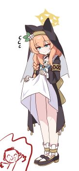 1boy 1girl 2sina0 absurdres armband black_armband black_coat black_footwear black_outline blue_archive blue_eyes blue_neckerchief cel_shading closed_mouth clothes_lift coat commentary_request doodle_sensei_(blue_archive) dress dress_lift flower flying_sweatdrops frills full_body hair_between_eyes hair_flower hair_ornament half-closed_eyes halo highres korean_commentary leaf_hair_ornament lifting_own_clothes light_blush long_hair long_sleeves mari_(blue_archive) mixed-language_commentary neckerchief open_clothes open_coat orange_hair outline partial_commentary sailor_collar sensei_(blue_archive) shoes simple_background smile split_mouth standing sweatdrop veil white_background white_dress white_flower white_sailor_collar yellow_armband yellow_halo