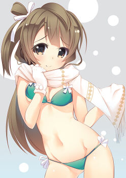 Rule 34 | 10s, 1girl, bikini, blush, breasts, brown eyes, brown hair, cleavage, female focus, gloves, green bikini, kurozu, light smile, long hair, looking at viewer, love live!, love live! school idol project, minami kotori, navel, scarf, side ponytail, smile, solo, standing, stomach, swimsuit