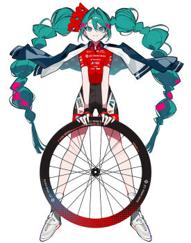 1girl :3 aqua_eyes aqua_hair bike_shorts black_gloves black_shorts blue_jacket braid fingerless_gloves gloves goodsmile_company goodsmile_racing hair_intakes hair_ornament hatsune_miku holding jacket jacket_on_shoulders long_hair looking_at_viewer mochizuki_kei official_art pink_hair racing_miku racing_miku_(2025) red_shirt second-party_source shirt shoes short_sleeves shorts simple_background skin_tight smile sneakers solo spotted_hair straight-on twin_braids very_long_hair vocaloid wheel white_background white_shoes