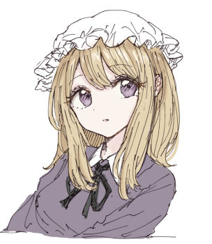 1girl black_ribbon blonde_hair breasts collar dress dress_ribbon hair_between_eyes hat kashiwada_kiiho looking_to_the_side maribel_hearn medium_breasts mob_cap open_mouth purple_dress purple_eyes ribbon simple_background touhou white_background white_collar white_hat
