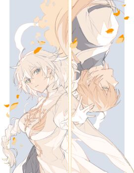 1boy 1girl arm_up blonde_hair blue_background blue_eyes braid commentary_request couple dress falling_leaves formal_clothes bad_tag green_eyes hair_between_eyes head_tilt highres honkai_(series) honkai_impact_3rd kallen_kaslana leaf long_braid long_hair long_sleeves looking_at_viewer looking_to_the_side otto_apocalypse parted_lips pokashi reaching reaching_towards_viewer single_braid suit upside-down white_dress white_hair white_suit wide_sleeves