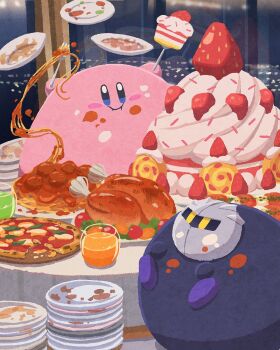 Rule 34 | :i, blue eyes, blush stickers, cake, chicken (food), commentary request, cup, drinking glass, eating, food, food on face, fruit, full stomach, highres, indoors, juice, kirby, kirby (series), mask, meatball, meta knight, miclot, nintendo, no humans, orange juice, pasta, pizza, plate, spaghetti, spaghetti and meatballs, strawberry, yellow eyes