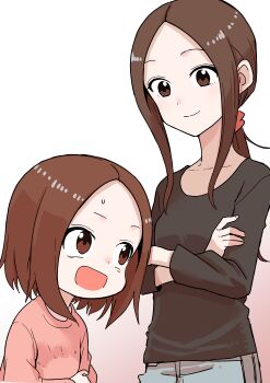 Rule 34 | 2girls, absurdres, brown eyes, brown hair, closed mouth, collarbone, crossed arms, grey pants, highres, inaba mifumi, karakai jouzu no (moto) takagi-san, karakai jouzu no takagi-san, long hair, looking down, mother and daughter, multiple girls, nishikata chii, open mouth, pants, parted bangs, pink sweater, ponytail, shirt, sidelocks, smile, sweatdrop, sweater, takagi-san