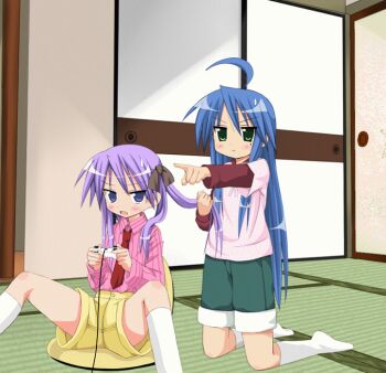 00s 3girls ahoge animated animated_gif blue_hair blush bow controller feet female_focus grabbing_another's_hair green_eyes hair_bow hair_ribbon hiiragi_kagami hiiragi_tsukasa holding_another's_hair izumi_konata joystick kiriya_haruhito kneehighs kneeling kona-chan_no_kuse_ni long_hair lucky_star mole mole_under_eye multiple_girls playing_games pointing purple_eyes purple_hair ribbon short_hair shorts siblings sisters sitting socks spread_legs tatami translated twins twintails very_long_hair video_game white_legwear