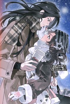 1boy 1girl bag black_eyes black_hair brown_coat brown_hair coat couple cup disposable_cup evodtonaeco fingerless_gloves from_side fur_trim gloves hat height_difference hetero highres holding holding_cup long_hair long_sleeves looking_at_another original plaid_clothes plaid_scarf scarf shoulder_bag snowing white_scarf winter_clothes winter_coat