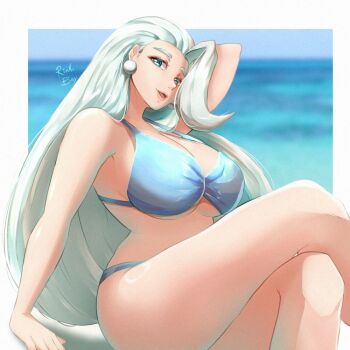 1girl arm_behind_head arm_support beach bikini blue_bikini blue_eyes border breasts cleavage commentary crossed_legs earrings english_commentary jewelry large_breasts long_hair mature_female melony_(pokemon) multicolored_hair nintendo no_headwear ocean pearl_earrings plump pokemon pokemon_swsh rinku_bny smile solo streaked_hair swimsuit white_border