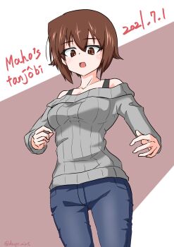 1girl :d absurdres bare_shoulders blue_pants blush brown_eyes brown_hair dated denim drops_mint english_text eyes_visible_through_hair girls_und_panzer grey_sweater hair_between_eyes happy_birthday highres jeans looking_at_viewer nishizumi_maho off-shoulder_sweater off_shoulder open_mouth pants pink_background pixiv_username short_hair simple_background smile solo sweater twitter_username two-tone_background white_background
