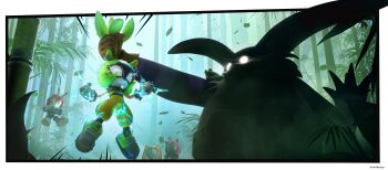 2204design 2boys 3d 3girls absurdres amy_rose animal_ears animal_nose arthropod_boy bamboo bamboo_forest battle bee_boy big_the_cat black_fur blender_(medium) border camera cat_boy chao_(sonic) charmy_bee cheese_(sonic) commentary commission cream_the_rabbit electricity english_commentary floating forest from_behind furry furry_female furry_male glowing glowing_eyes green_fur hedgehog_girl highres holding holding_camera leaf multiple_boys multiple_girls nature outdoors pink_fur rabbit_girl shaded_face sonic_(series) sonic_the_hedgehog_(idw) surge_the_tenrec tenrec_girl two-tone_fur weapon white_border