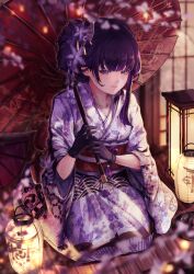 Rule 34 | 1girl, absurdres, black gloves, breasts, cherry blossoms, collarbone, commentary request, floral print, flower, genshin impact, gloves, hair bun, hair flower, hair ornament, highres, holding, holding umbrella, japanese clothes, kimono, kneeling, konbunyas, lantern, light blush, looking down, medium breasts, oil-paper umbrella, paper lantern, parted lips, purple eyes, purple hair, purple kimono, raiden shogun, red sash, sash, solo, umbrella