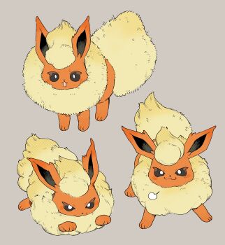 :3 absurdres animal_focus black_eyes bright_pupils closed_mouth flareon fluffy full_body gen_1_pokemon highres looking_at_viewer multiple_views neck_fur newo_(shinra-p) nintendo no_humans orange_fur pokemon pokemon_(creature) pokemon_focus simple_background solo standing white_pupils yellow_fur