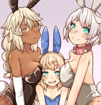 Rule 34 | 1boy, 2girls, anger vein, animal ears, annoyed, between breasts, black leotard, blonde hair, blue eyes, blue leotard, blurry, blush, breasts, bridget (guilty gear), brown eyes, collar, commentary, elbow gloves, elphelt valentine, english commentary, fake animal ears, fake tail, fishnet leggings, flat chest, girl sandwich, gloves, gradient background, green eyes, grey background, guilty gear, hair between eyes, head between breasts, highres, large breasts, leotard, light frown, long hair, looking at viewer, low-tied long hair, multiple girls, nervous smile, open mouth, pink background, playboy bunny, polka dot, polka dot background, rabbit ears, rabbit tail, ramlethal valentine, red collar, sandwiched, short hair, smile, spiked collar, spikes, split mouth, strapless, strapless leotard, sugajyun, sweatdrop, tail, upper body, white gloves, white hair, white leotard