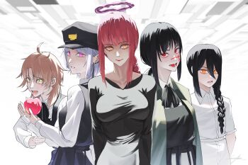 5girls absurdres ahoge apple black_dress black_hair black_hat braid braided_ponytail breasts chainsaw_man cloak closed_mouth collared_shirt crying crying_with_eyes_open dress earrings facial_scar fami_(chainsaw_man) famine_devil_(chainsaw_man) fighting_stance food fourth_east_high_school_uniform fruit green_cloak green_eyes grey_hair hair_between_eyes halo hat highres holding holding_food holding_fruit jewelry kiwi_(uwee8553) long_hair long_sleeves looking_at_viewer makima_(chainsaw_man) medium_breasts medium_hair mole mole_under_eye mole_under_mouth multiple_girls multiple_moles nayuta_(chainsaw_man) open_mouth peaked_cap pinafore_dress pink_eyes purple_halo red_eyes red_hair ringed_eyes scar scar_on_cheek scar_on_face scar_on_nose school_uniform shirt sidelocks single_braid sleeveless sleeveless_dress tears white_dress white_shirt yellow_eyes yoru_(chainsaw_man)