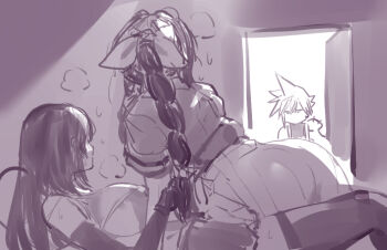 1boy 2girls aerith_gainsborough areola_slip bow bra braid braided_ponytail breasts caught cheating_(relationship) cloud_strife final_fantasy final_fantasy_vii final_fantasy_vii_remake greyscale hair_bow indoors interrupted long_hair meme monochrome multiple_girls negresco open_door precure_netorare_(meme) spiked_hair sweat thighhighs tifa_lockhart underwear yuri