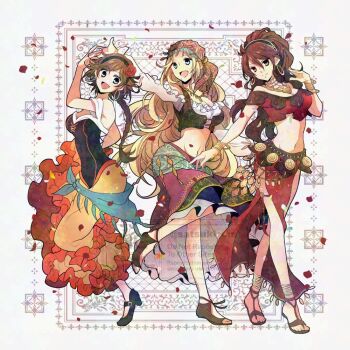 3girls agnea_bristarni blonde_hair braid braided_ponytail breasts brown_eyes brown_hair cleavage commentary_request dancer dancing dress flower frilled_skirt frills gladiator_sandals hair_flower hair_ornament high_ponytail layered_skirt long_hair long_skirt looking_at_viewer lynette_(octopath_traveler) medium_breasts multiple_girls navel octopath_traveler octopath_traveler:_champions_of_the_continent octopath_traveler_i octopath_traveler_ii open_mouth orange_skirt ponytail primrose_azelhart red_flower red_petals red_rose rose sandals satsuki_(chaosmode) skirt smile standing watermark wavy_hair white_background