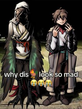 2boys animal_feet bird_legs bird_tail bird_wings brown_hair chinese_clothes coat english_text feathered_wings full_body getian_(reverse:1999) green_wings grey_coat hanfu harpy_boy highres looking_at_viewer male_focus maytheepicgamer meme monster_boy multiple_boys name_day_(reverse:1999) night object_in_pocket outdoors pocket purple_eyes reverse:1999 short_hair tail talons veil why_dis_ninja_look_so_mad_(meme) winged_arms wings